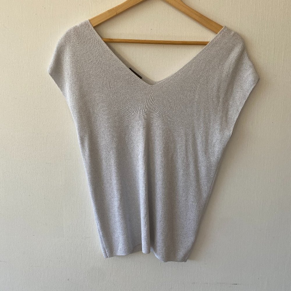 Talbots Double V-neck Sweater Womens Medium Gray Metallic Cap Sleeve Holiday